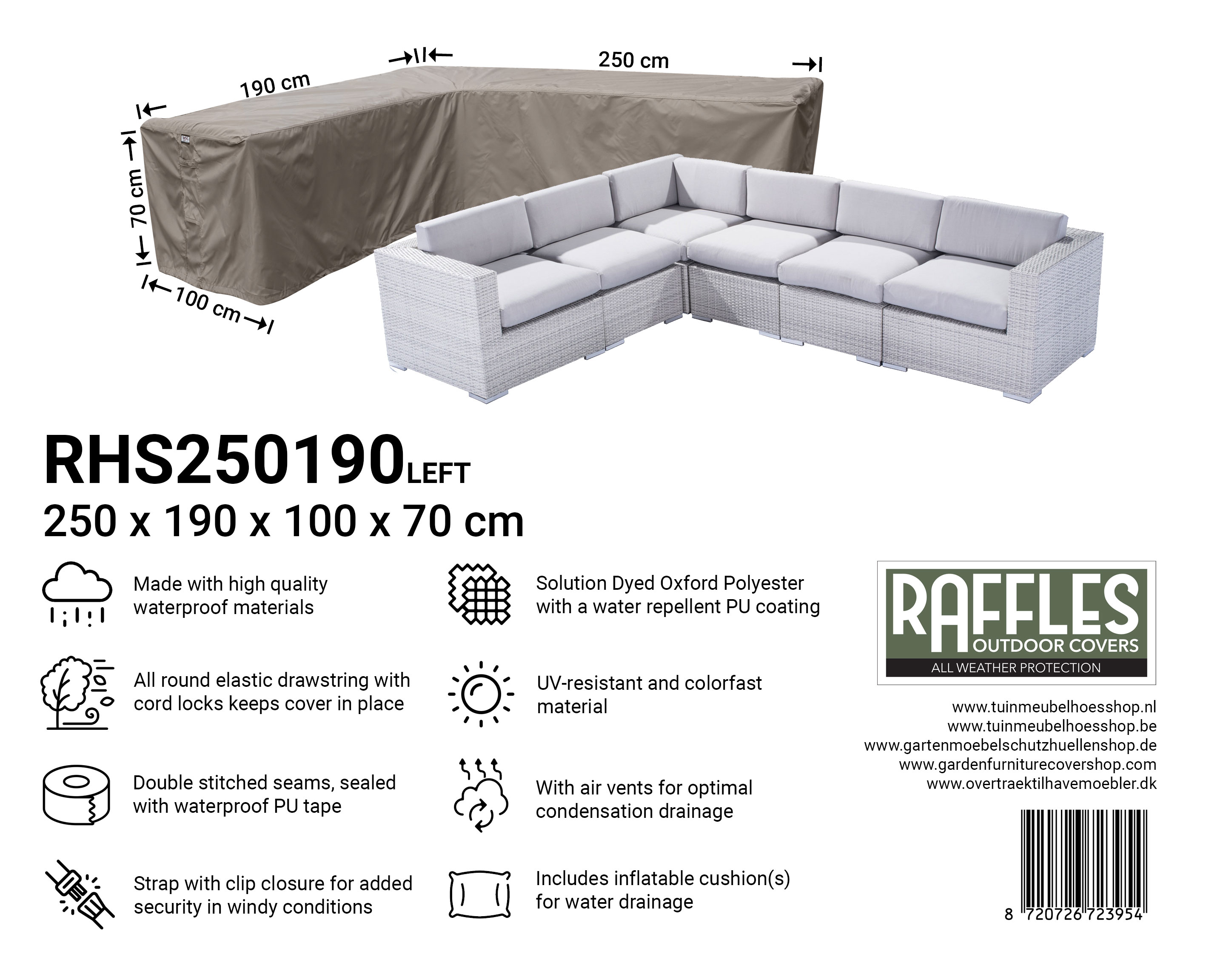 RHS250190left hoekbank hoes 190 x 250 x 100 H: 70 cm