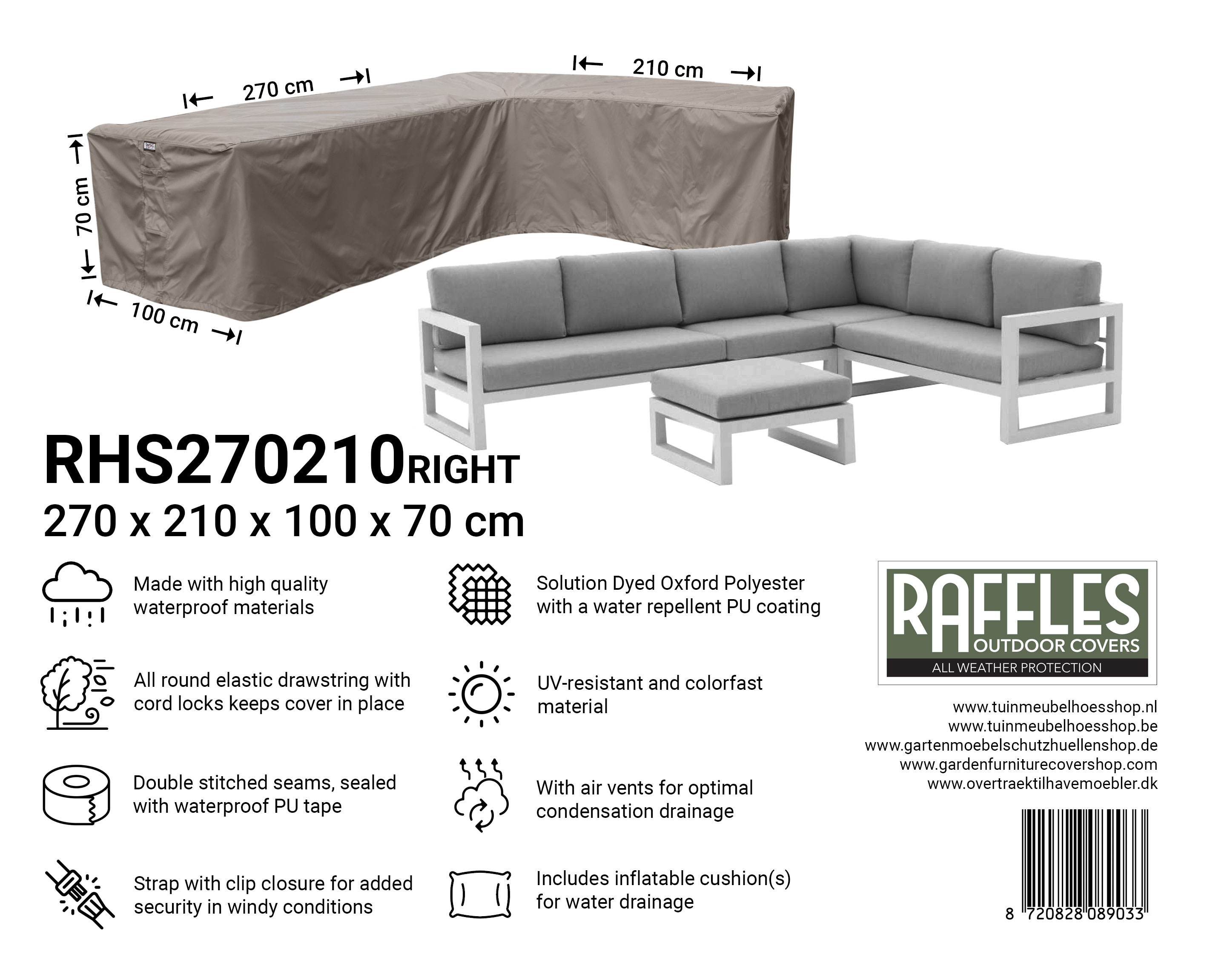 RHS270210right hoekbank hoes 270 x 210 x 100 H: 70 cm