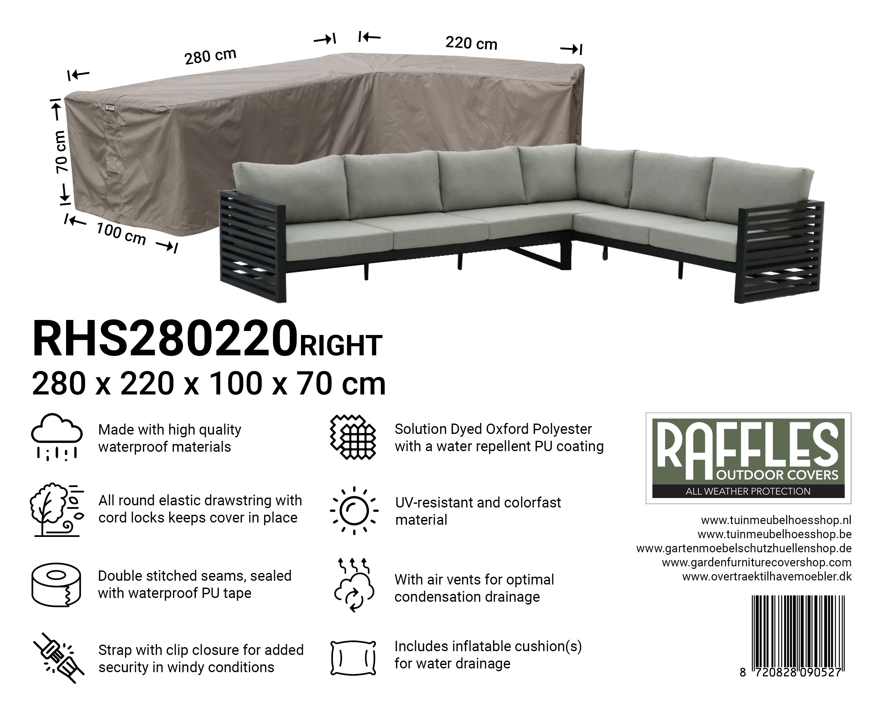 RHS280220right hoes hoekbank 280 x 220 x 100 H: 70 cm